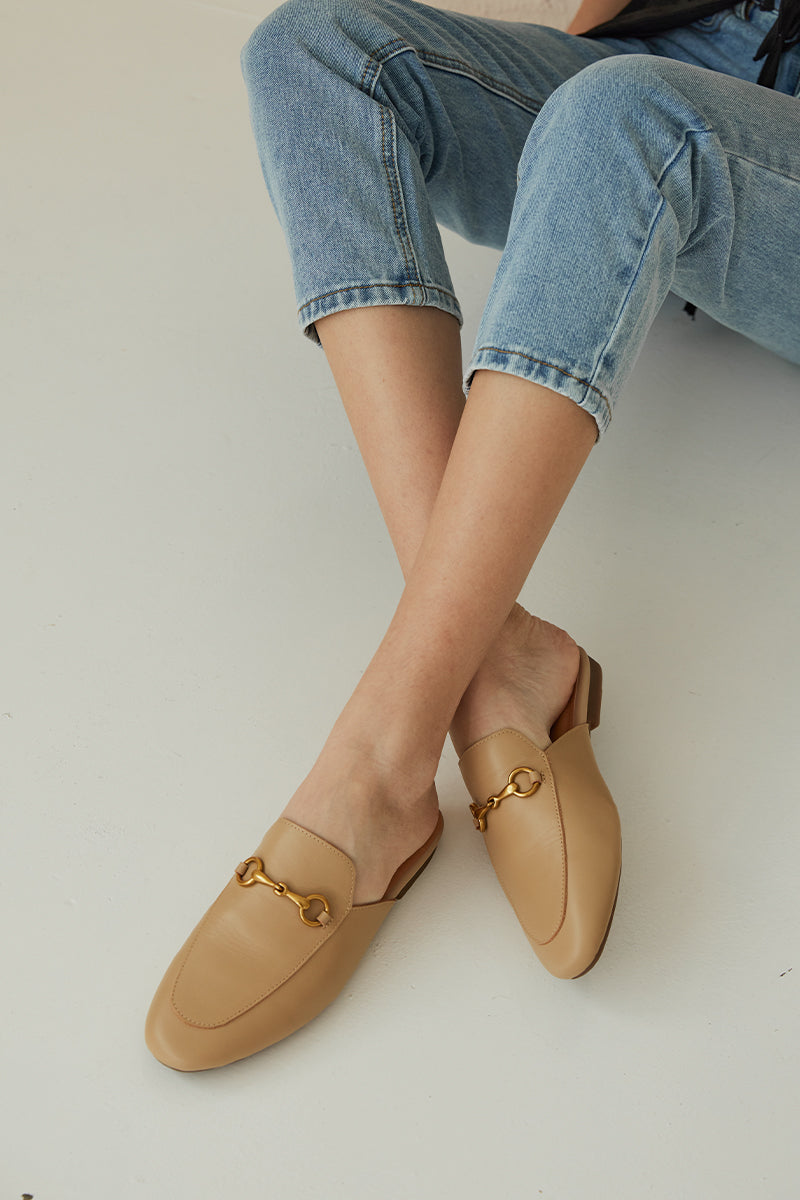 Ocarina Calf Leather Loafer Mules in Nude