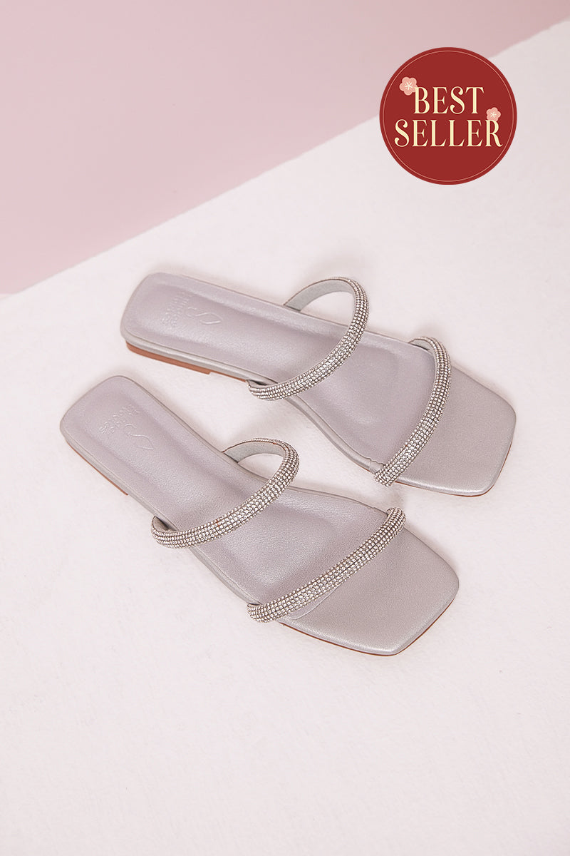 Tiana Crystal Strappy Sliders in Silver