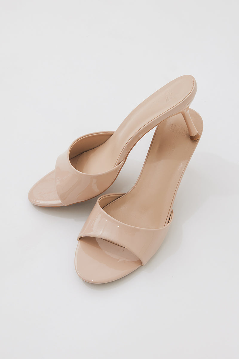 Aberley Round Toe Slip on Heels in Nude Patent