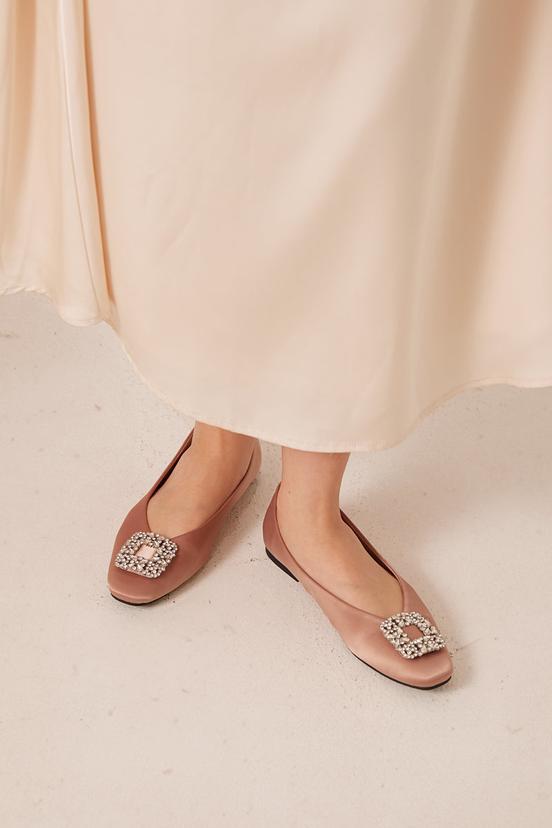 Alix Crystal Embellished Satin Flats in Rose Nude