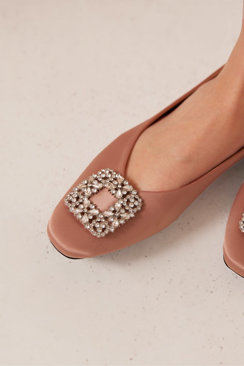 Alix Crystal Embellished Satin Flats in Rose Nude