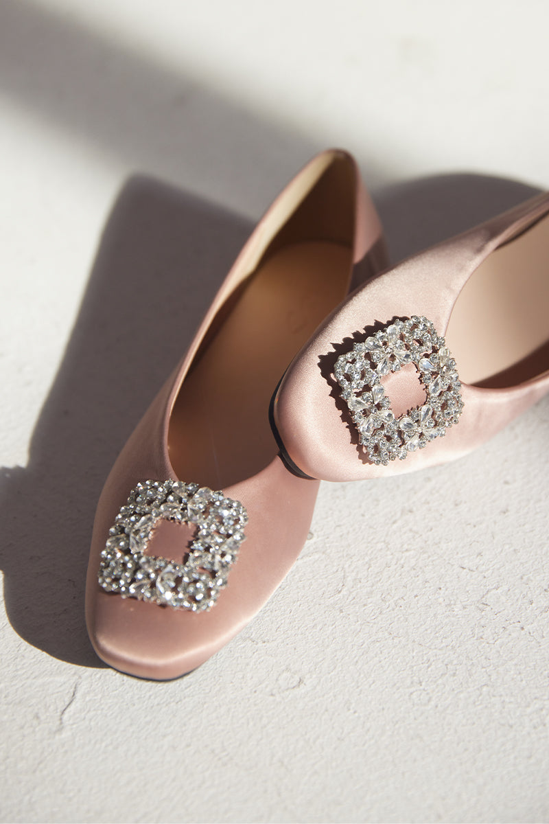 Alix Crystal Embellished Satin Flats in Rose Nude