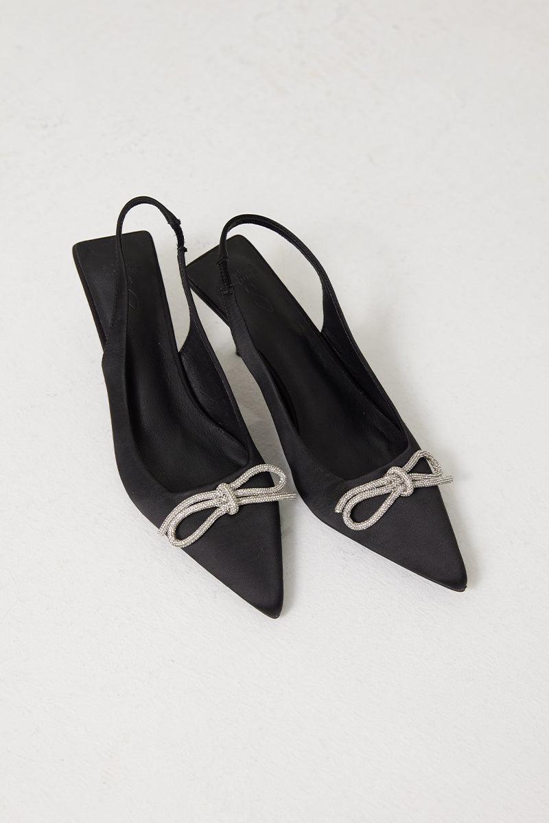 Beverly Crystal Bow Slingback Heels in Black