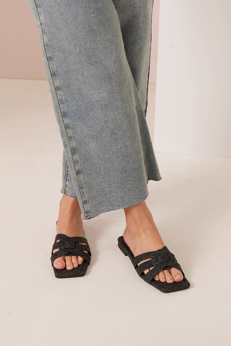 Billie Interlocking Sliders in Black Denim