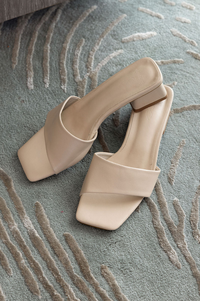 Carly Irregular Strap Heels in Beige