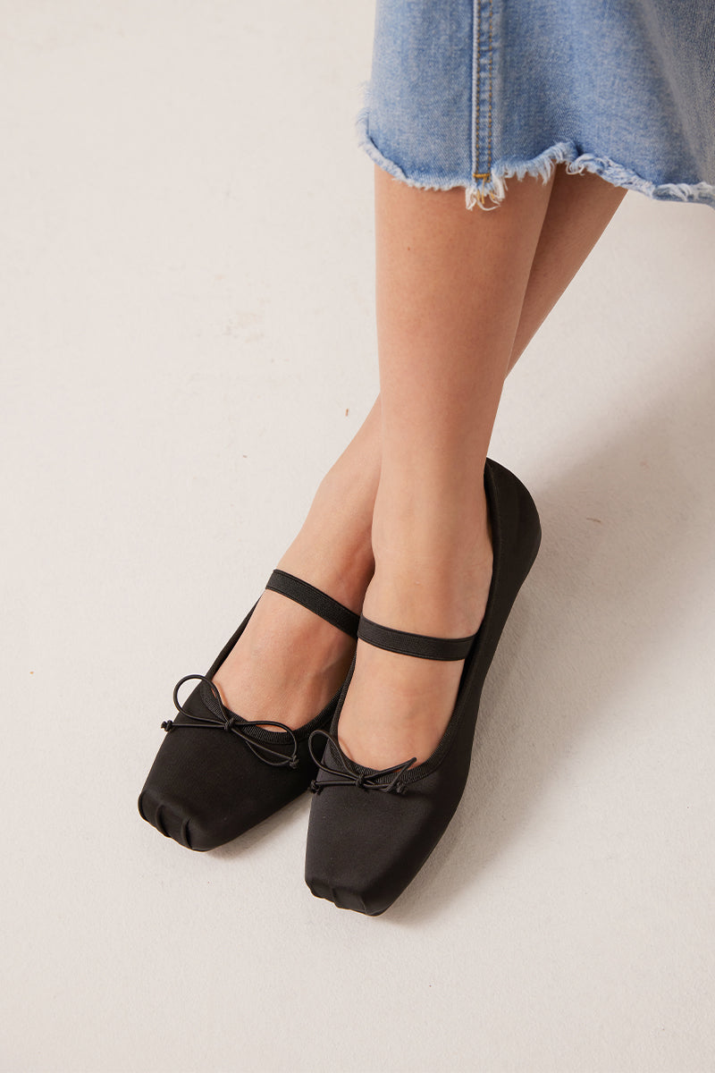 Charlotte Ballet Satin Flats in Black