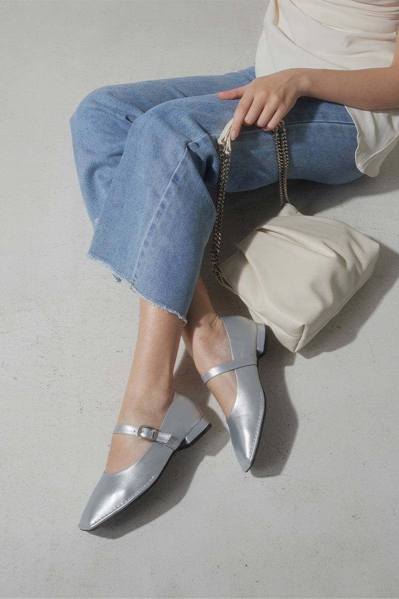 Cypher Buckle Maryjane Flats in Silver