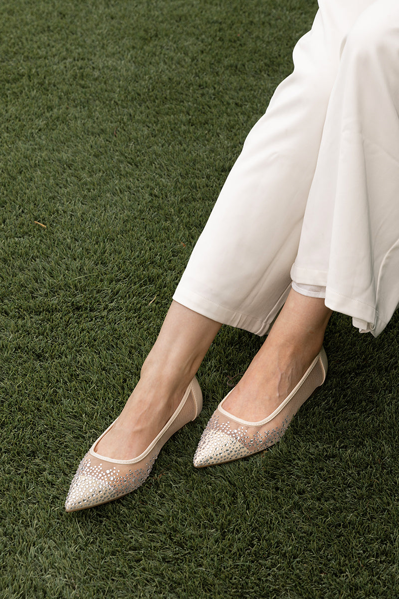 Ellsa Embellished Mesh Flats in Cream