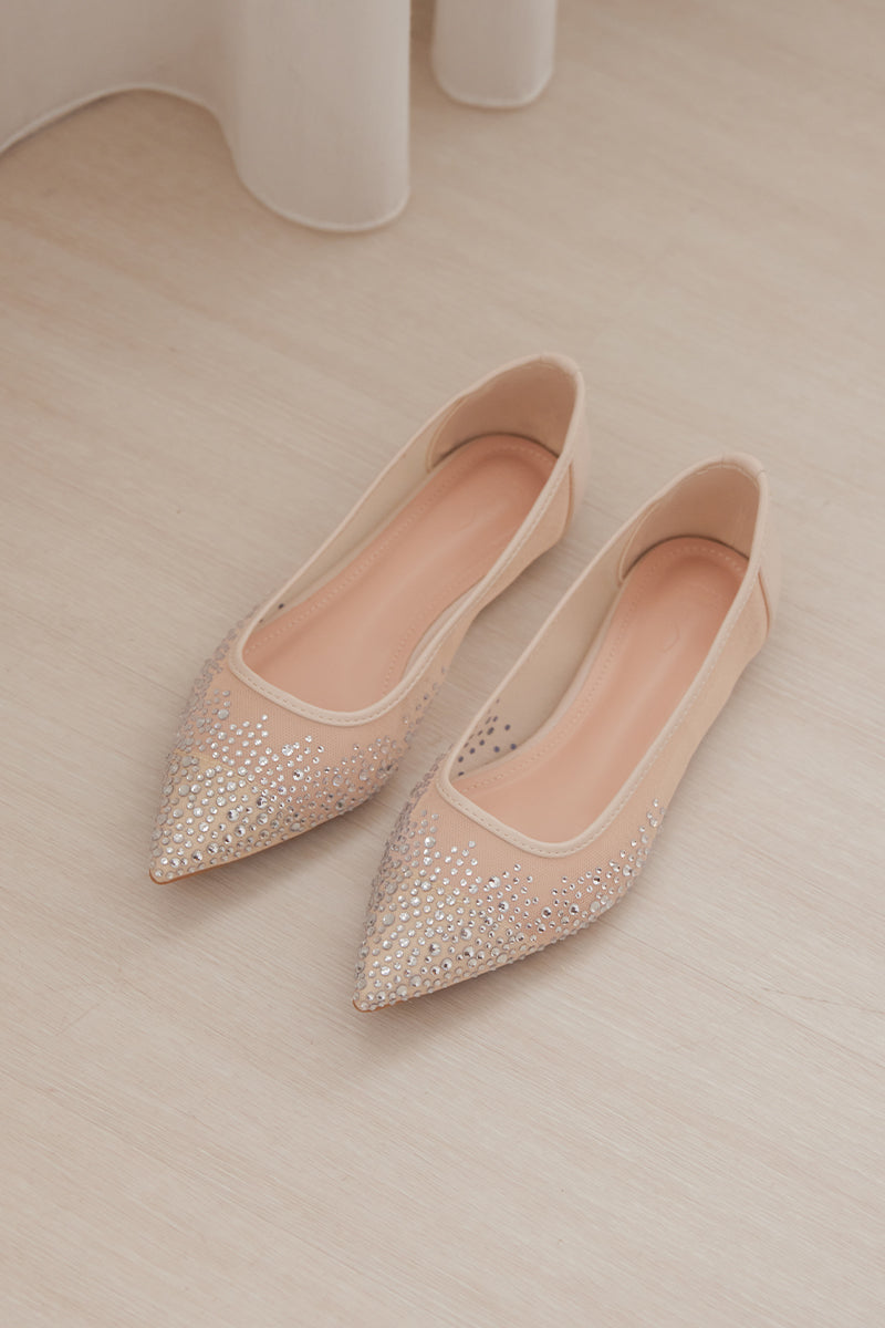 Ellsa Embellished Mesh Flats in Cream