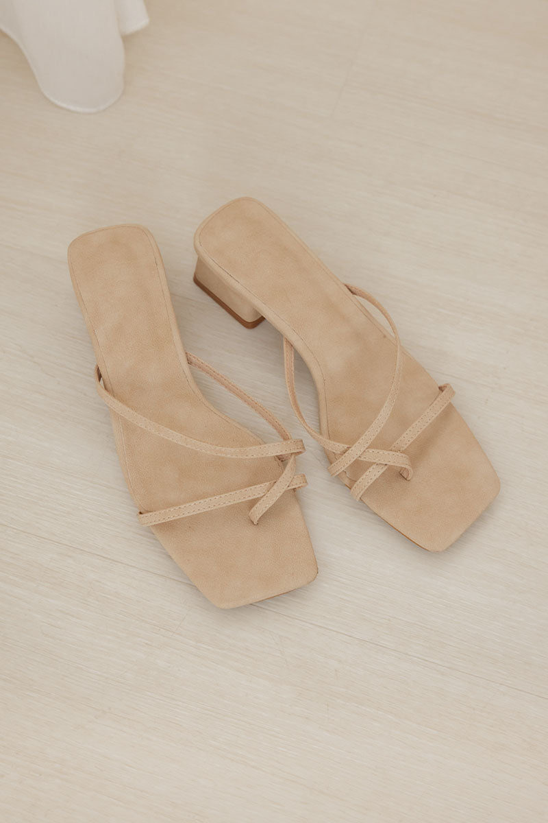 Finlie Strappy Block Heels in Taupe Waterproof Suede