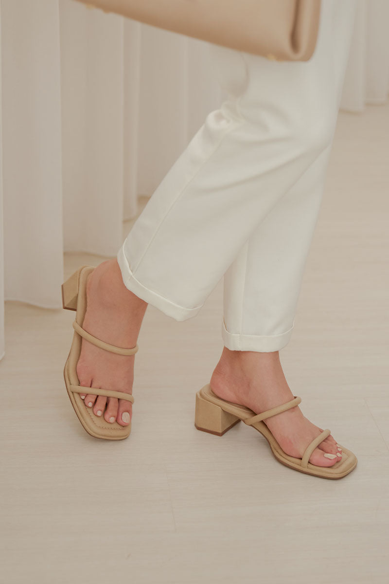 Guilia Puffy Strappy Block Heels in Taupe Waterproof Suede