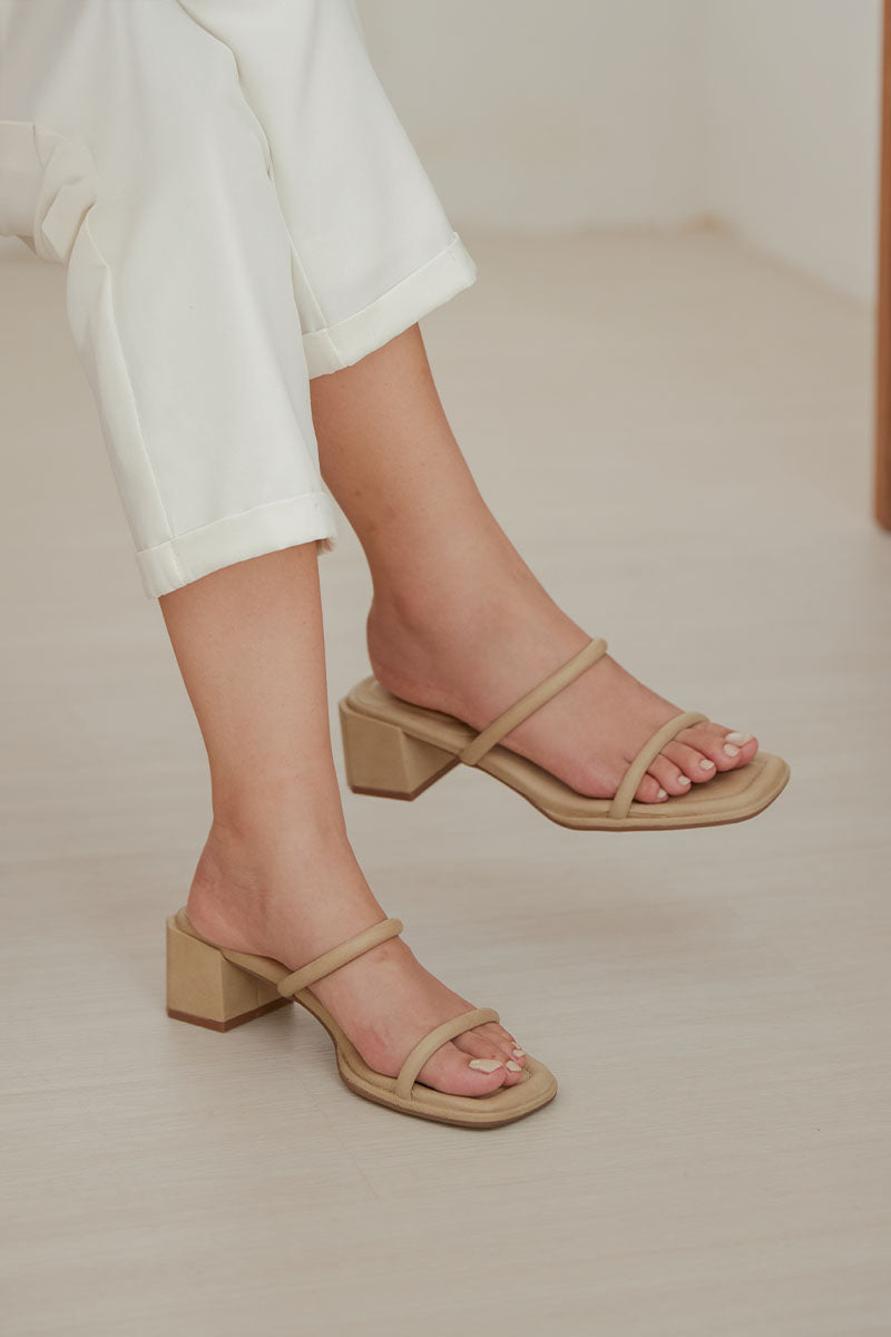 Guilia Puffy Strappy Block Heels in Taupe Waterproof Suede