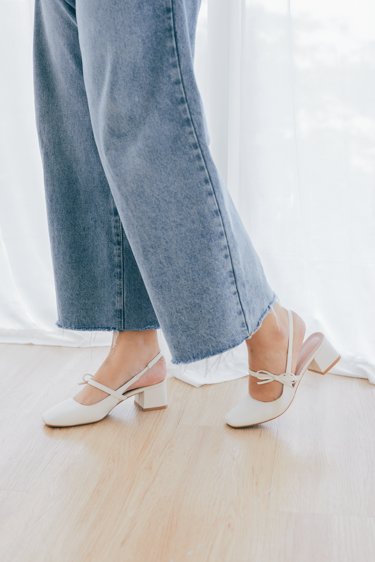 Hana Ribbon Slingback Heels in Cream