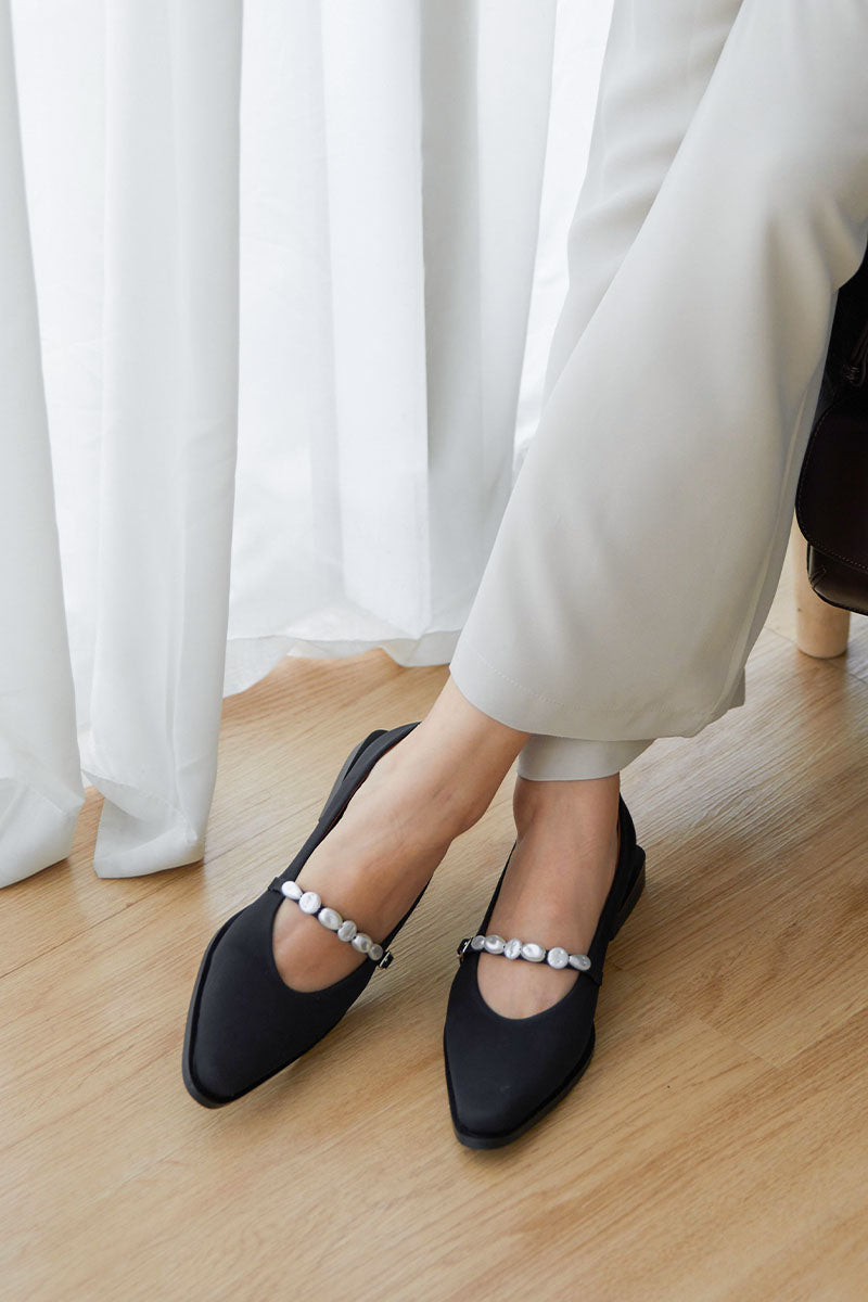 Haven Pearl Maryjane Flats in Satin Black