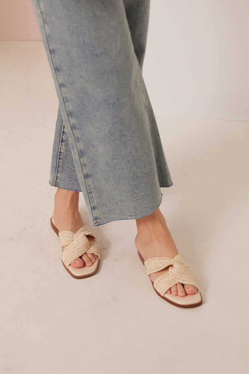 Jessie Rattan Sliders in Cream