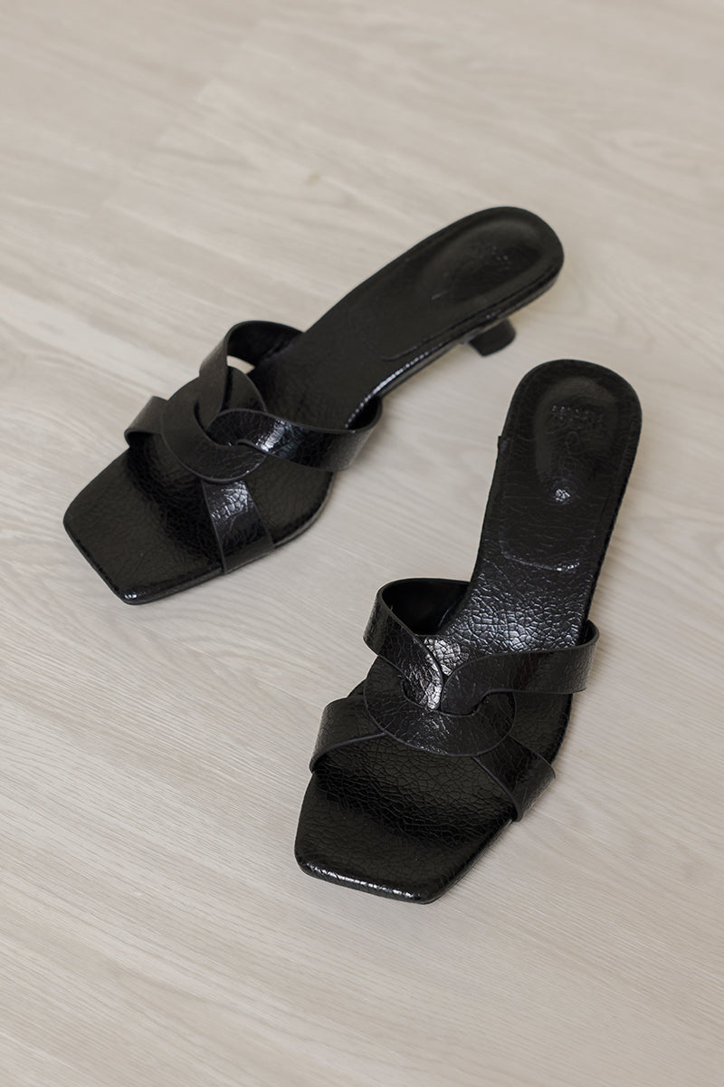 Kaia Interlocking Kitten Heels Black Crinkled