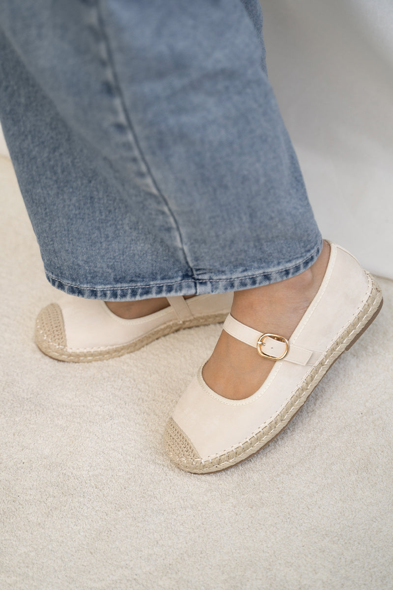 Laurel Maryjane Espadrille Flats in Cream Waterproof Satin