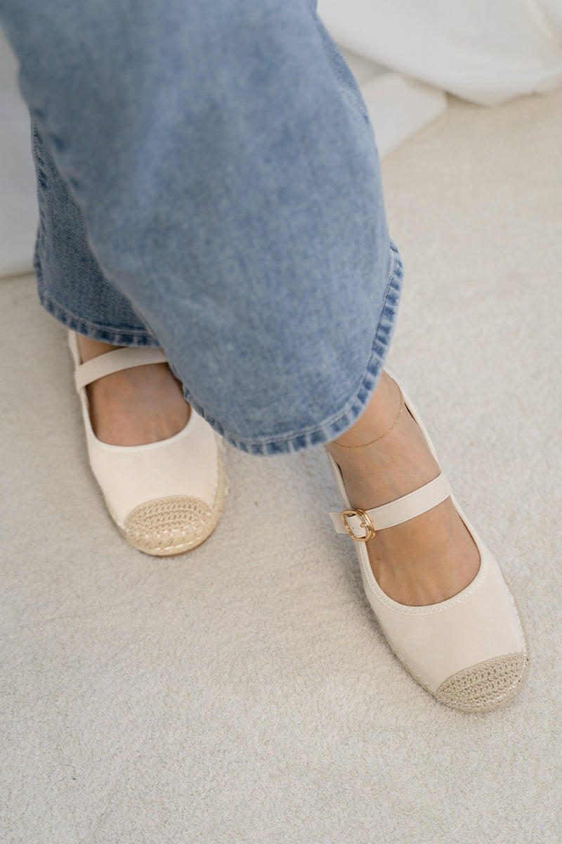 Laurel Maryjane Espadrille Flats in Cream Waterproof Satin