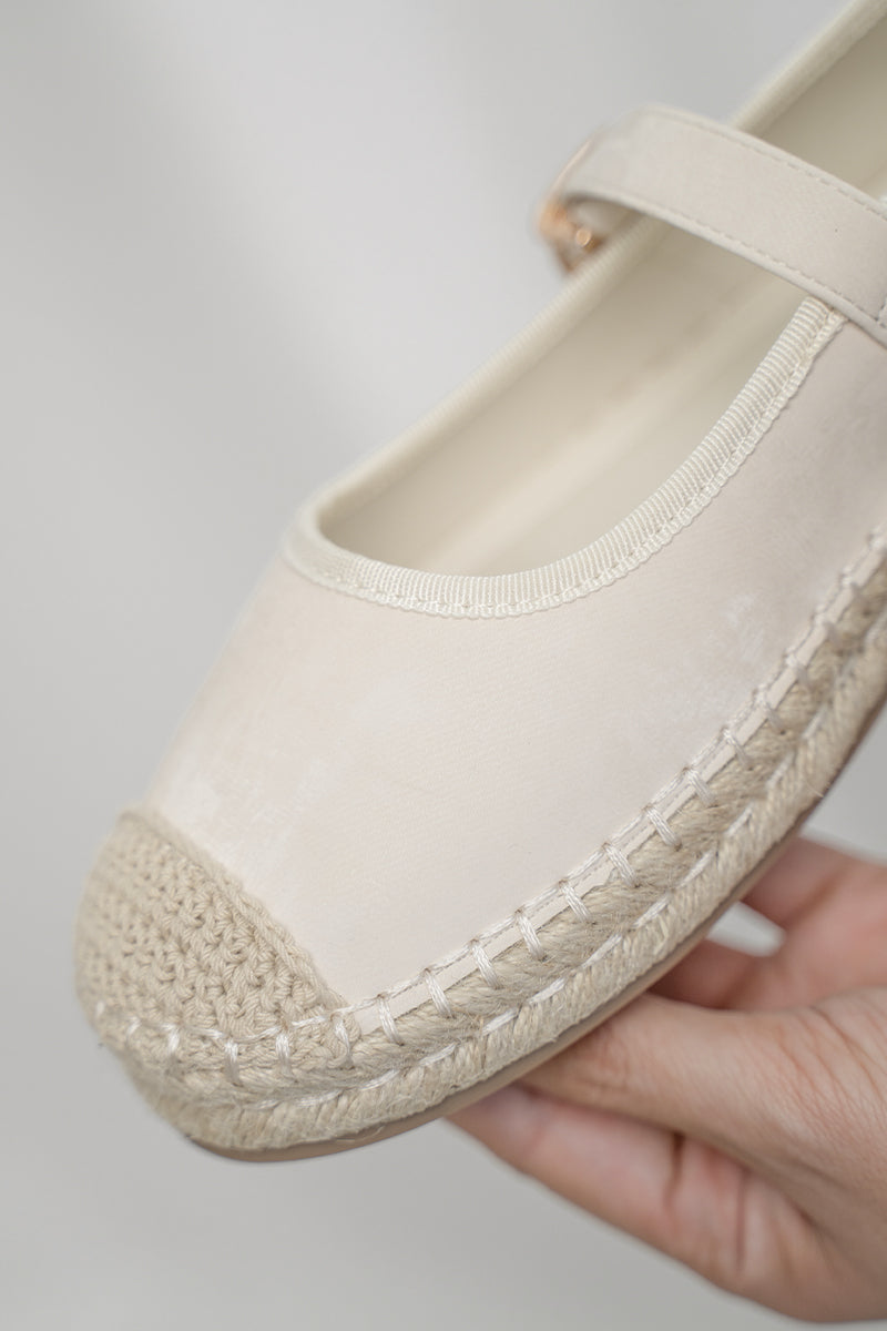 Laurel Maryjane Espadrille Flats in Cream Waterproof Satin