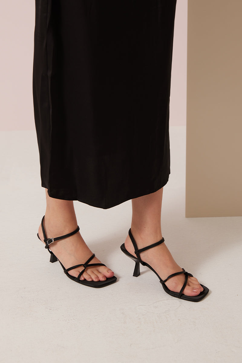 Lauryn Satin Strappy Sandals in Black