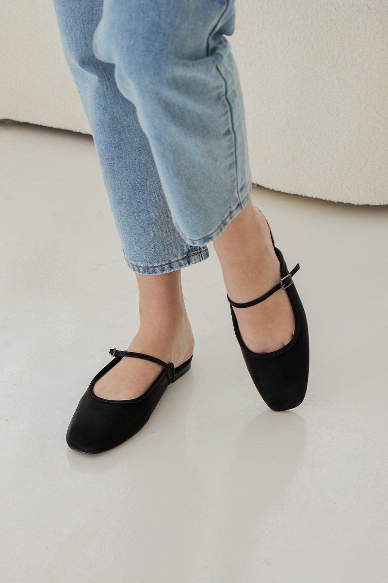 Liora Slip-on Mules in Black Waterproof Satin