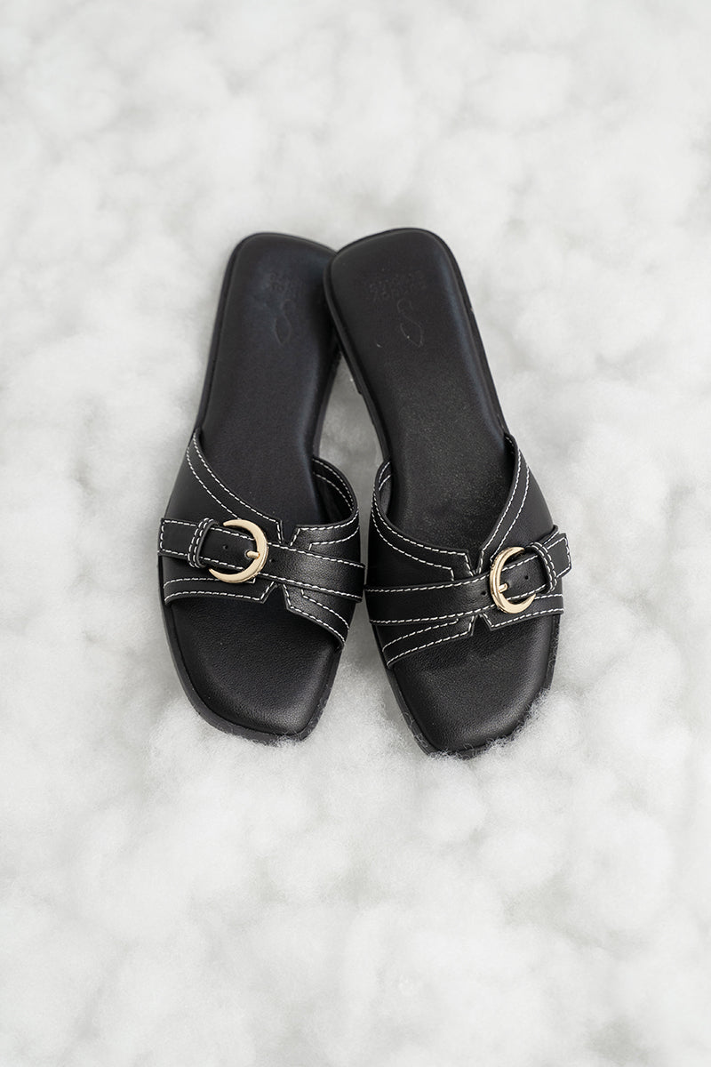 Liria Buckle Cloud Sliders in Black