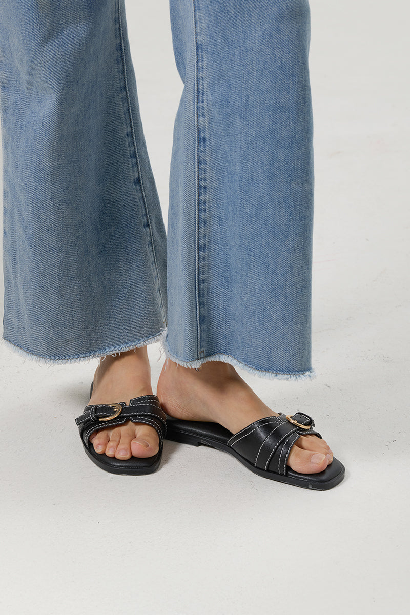 Liria Buckle Cloud Sliders in Black