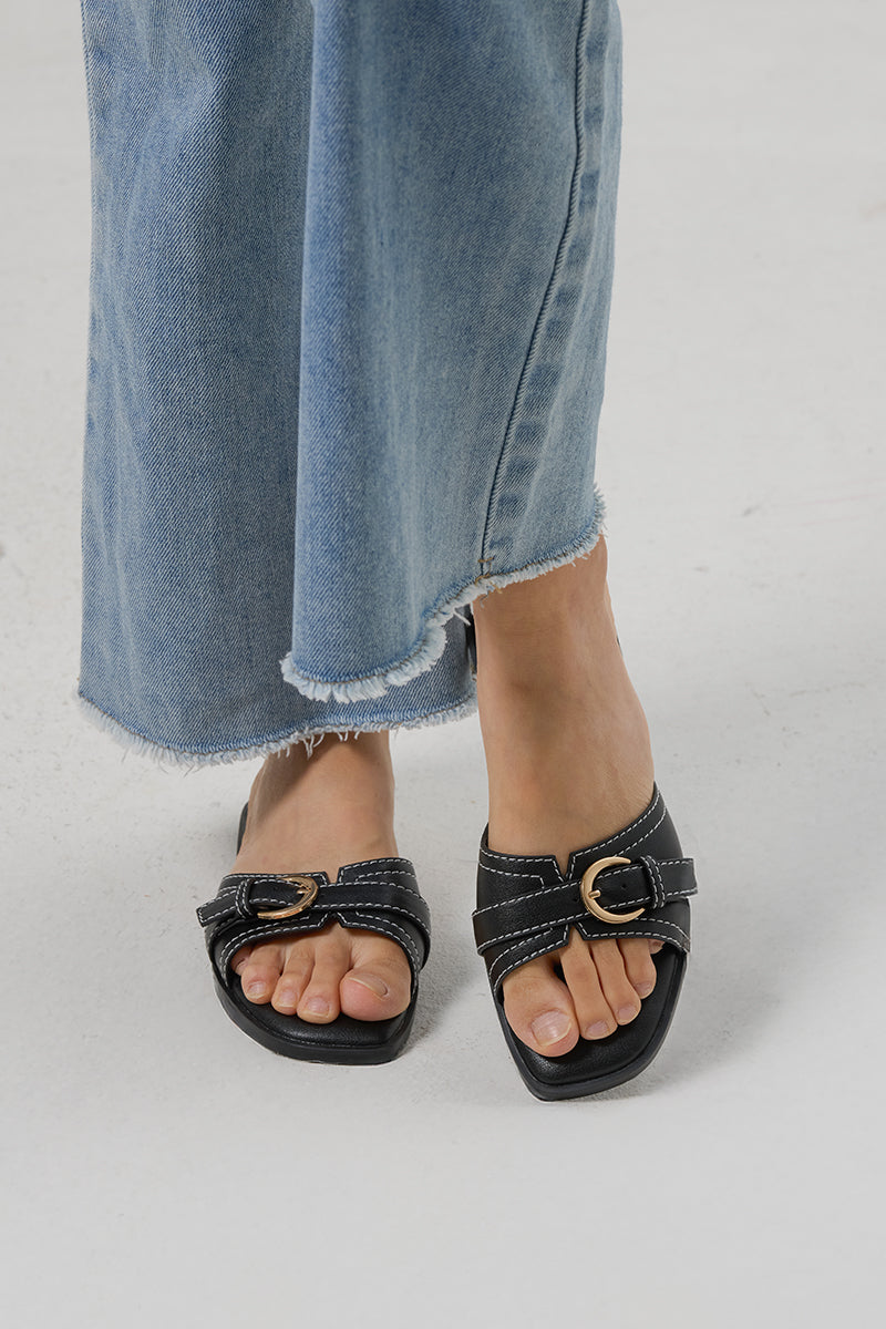 Liria Buckle Cloud Sliders in Black