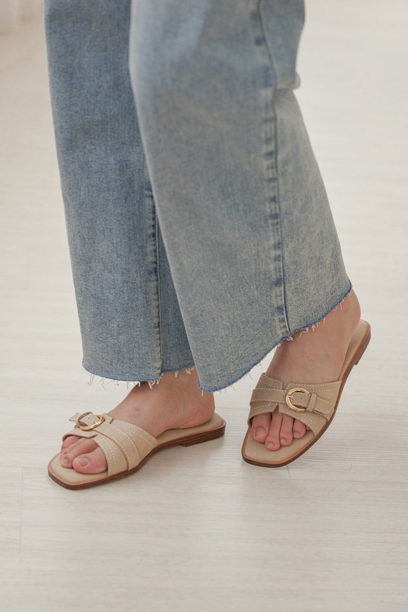 Liria Buckle Cloud Sliders in Taupe Waterproof Suede