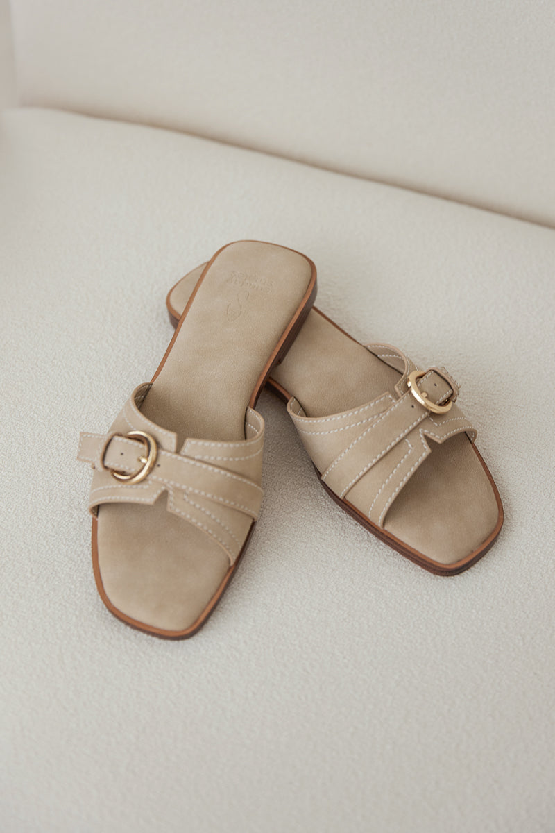 Liria Buckle Cloud Sliders in Taupe Waterproof Suede