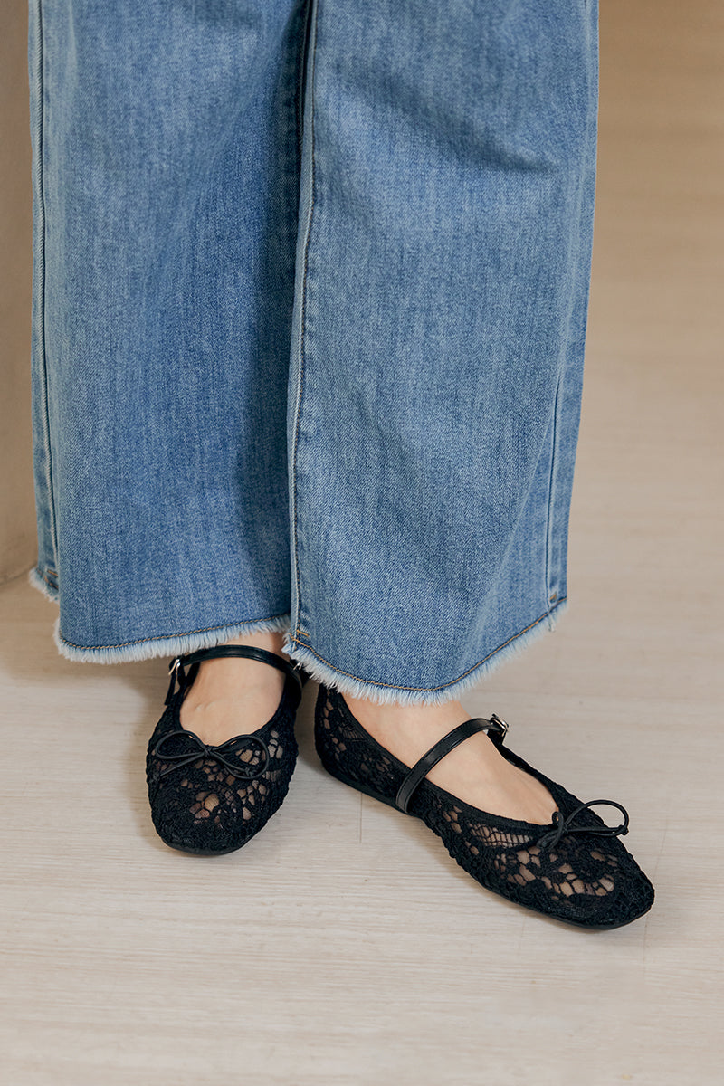 Lorelai Embroided Mesh Maryjane Flats in Black