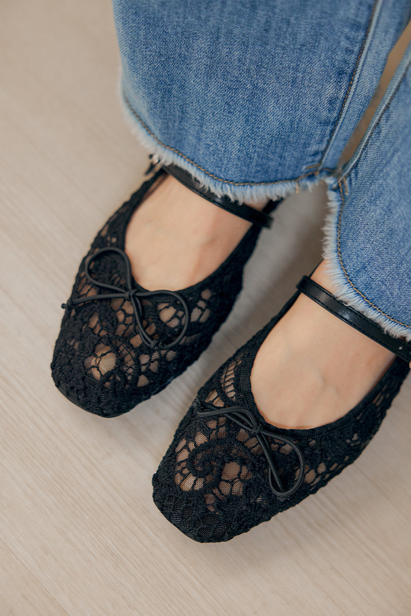Lorelai Embroided Mesh Maryjane Flats in Black