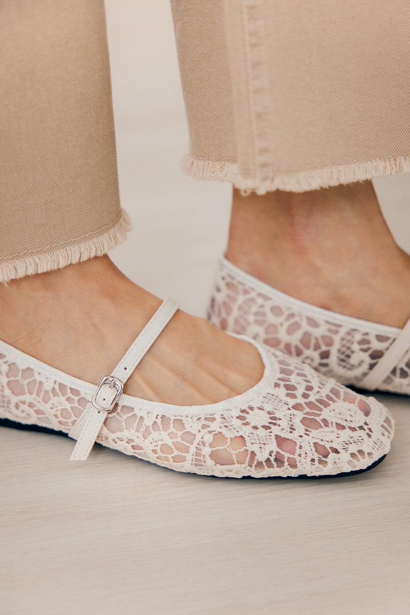 Lorelai Embroided Mesh Maryjane Flats in Cream