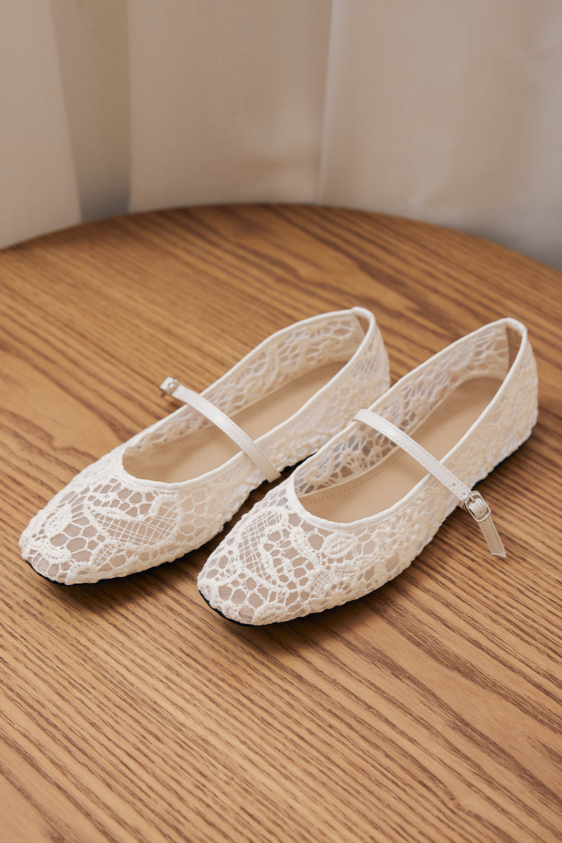 Lorelai Embroided Mesh Maryjane Flats in Cream