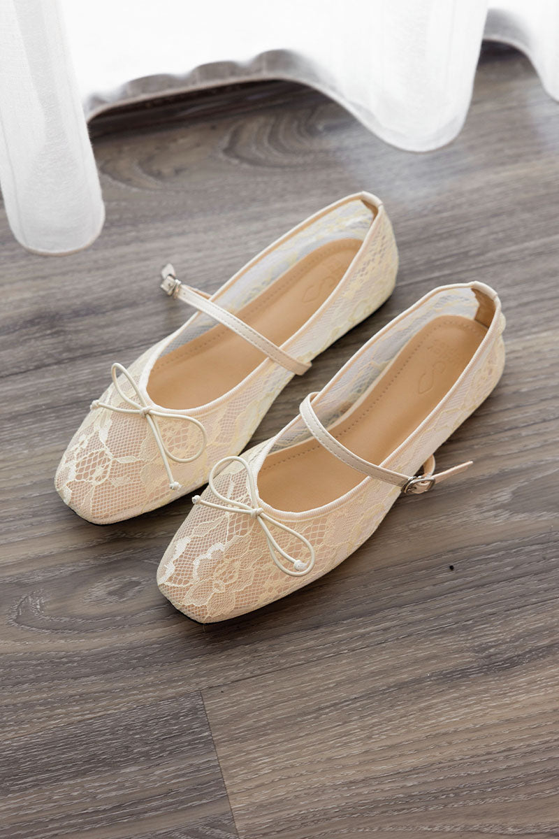 Lunaire Lace Mesh Ribbon Maryjane Flats in Cream