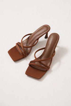 
                  
                    Miki Strappy Heels in Cocoa Satin
                  
                