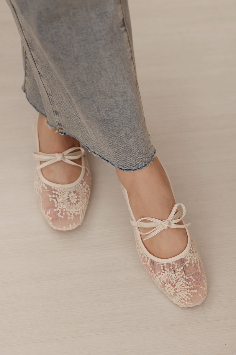 Mirielle Embroided Ribbon Flats in Cream
