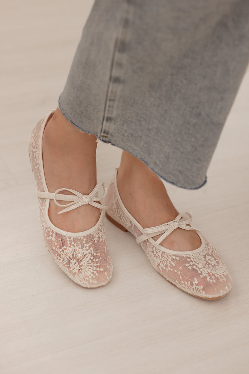 Mirielle Embroided Ribbon Flats in Cream
