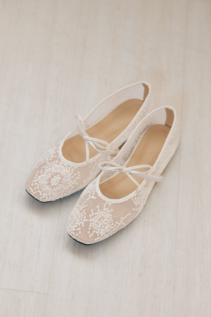 Mirielle Embroided Ribbon Flats in Cream