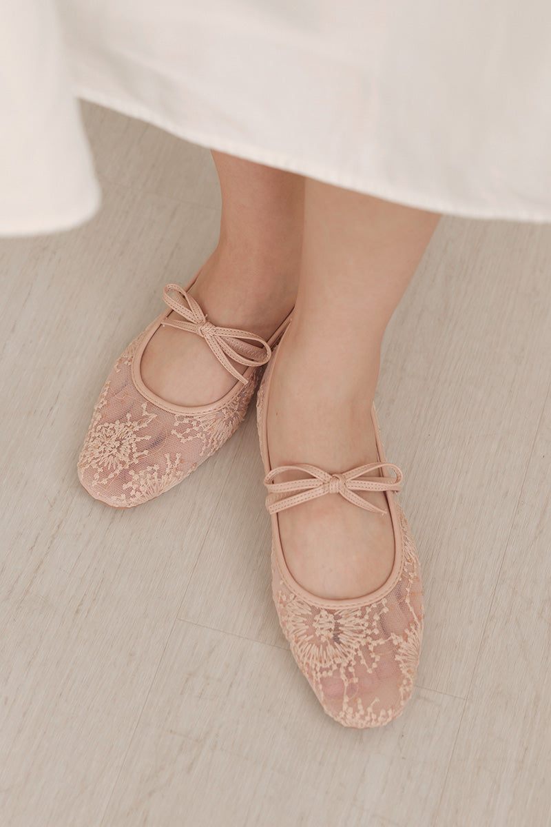 Mirielle Embroided Ribbon Flats in Nude