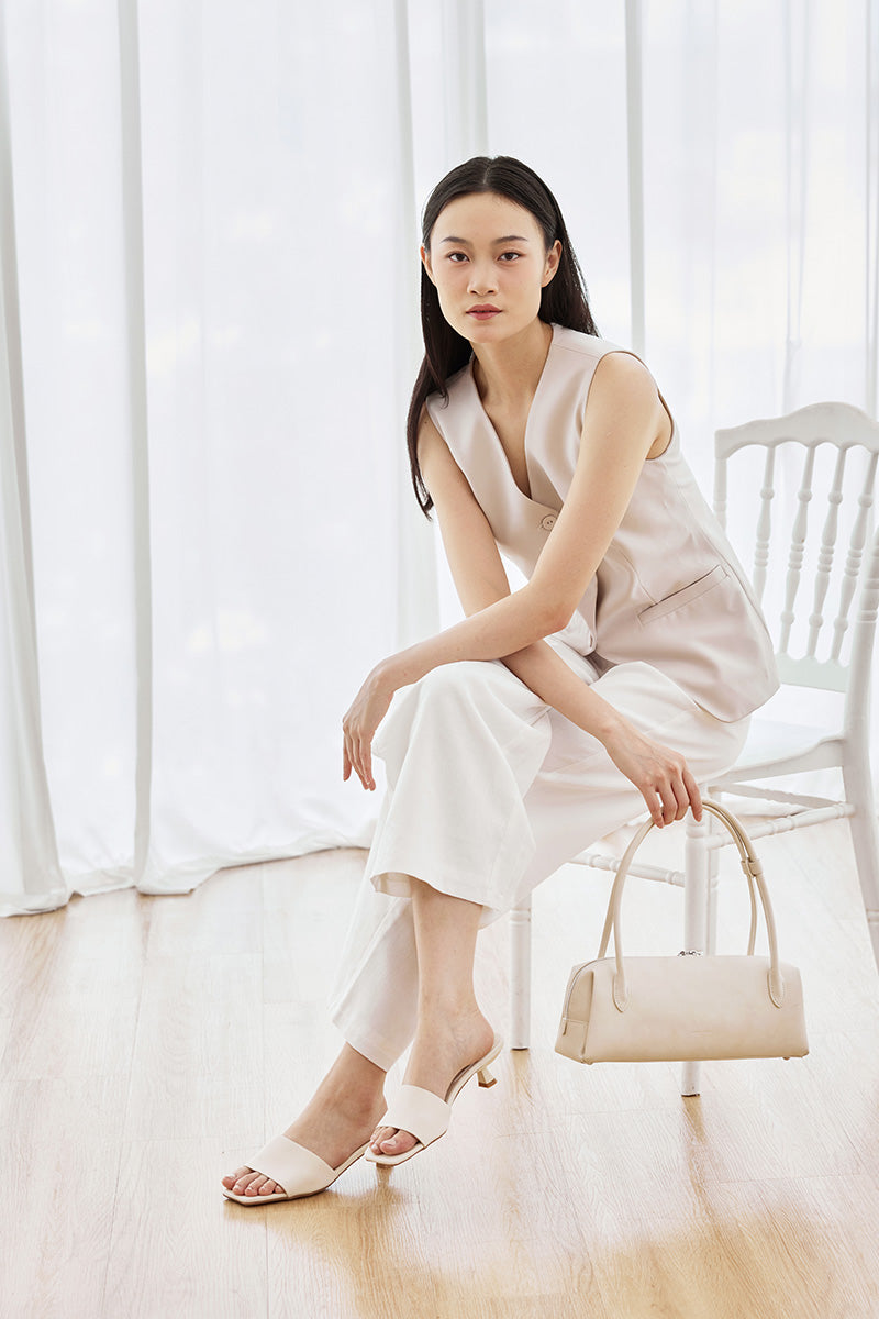 Olessia Strap-over Kitten Heel in Cream Waterproof Suede