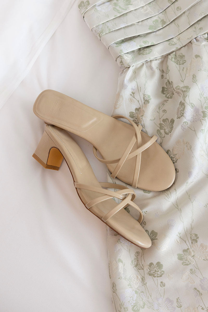 Olivette Strappy Low Block Heels in Taupe