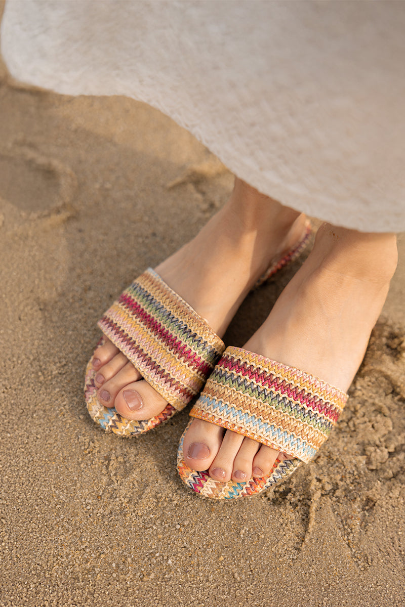 Olivian Strap-over Sliders in Multicolour Weave