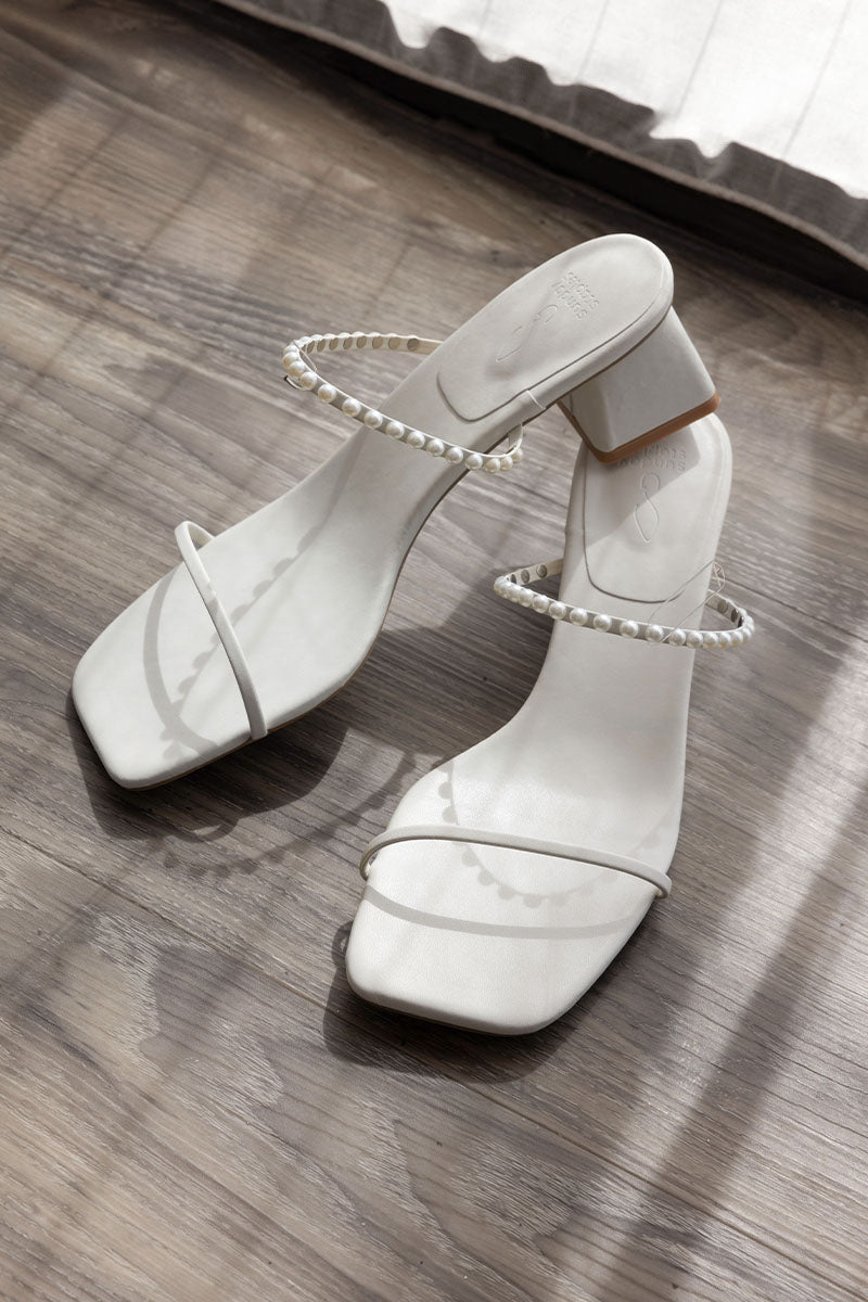 Ondine Pearl Strappy Block Heels in Cream