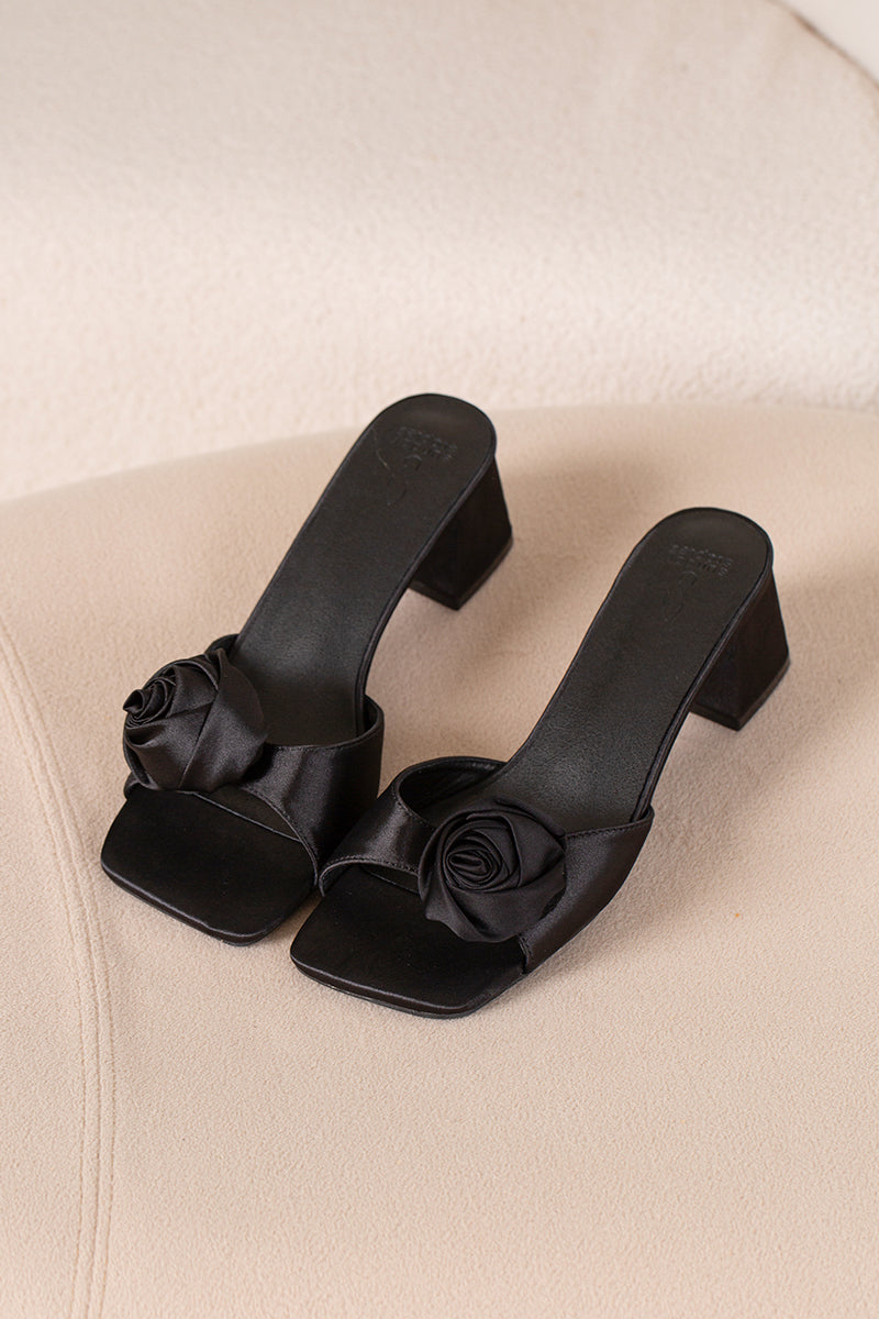 Pippa Satin Flower Heels in Black