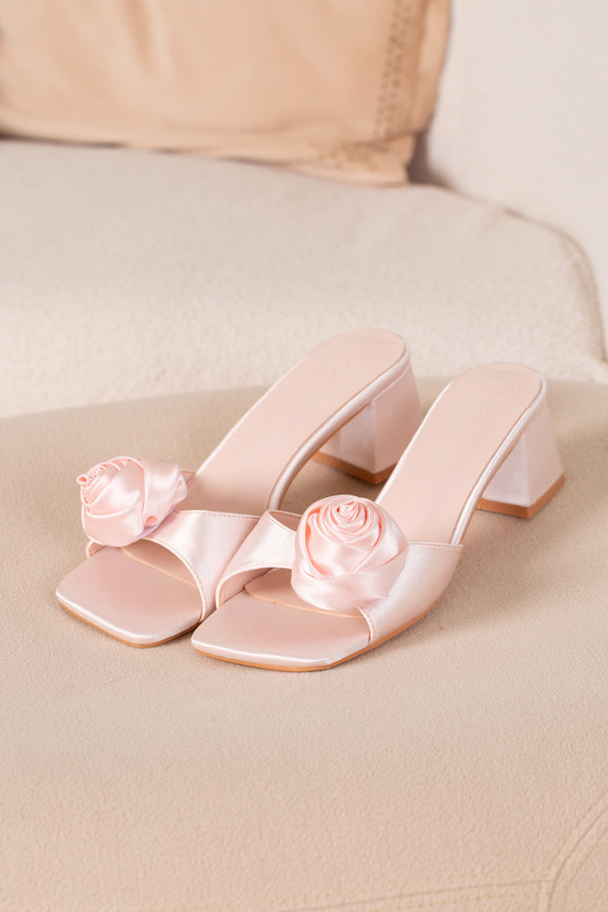 Pippa Satin Flower Heels in Soft Pink