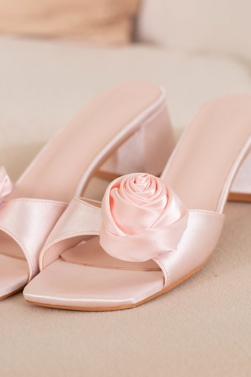 Pippa Satin Flower Heels in Soft Pink