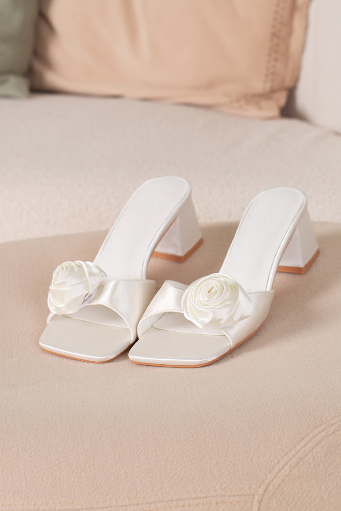 Pippa Satin Flower Heels in Cream