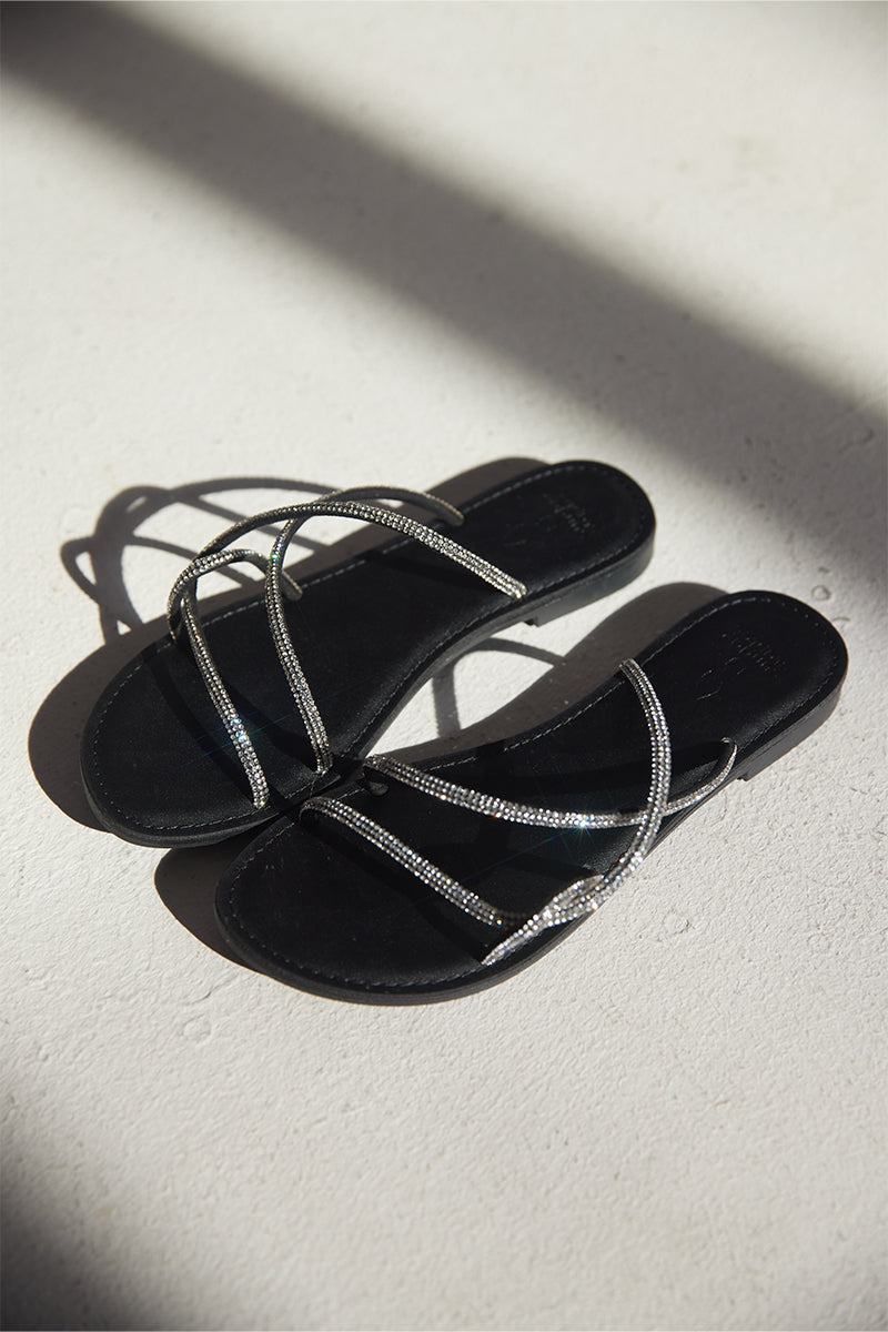 Terissa Crystal Strappy Sliders in Black