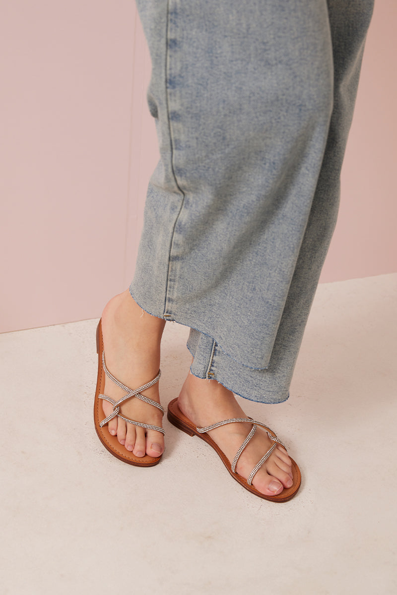 Terissa Crystal Strappy Sliders in Sepia